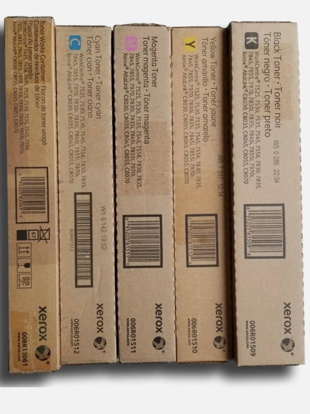 Xerox Set Of 4 Toners And Waste Toner Bottle For WorkCentre 7525, 7530, 7535, 75